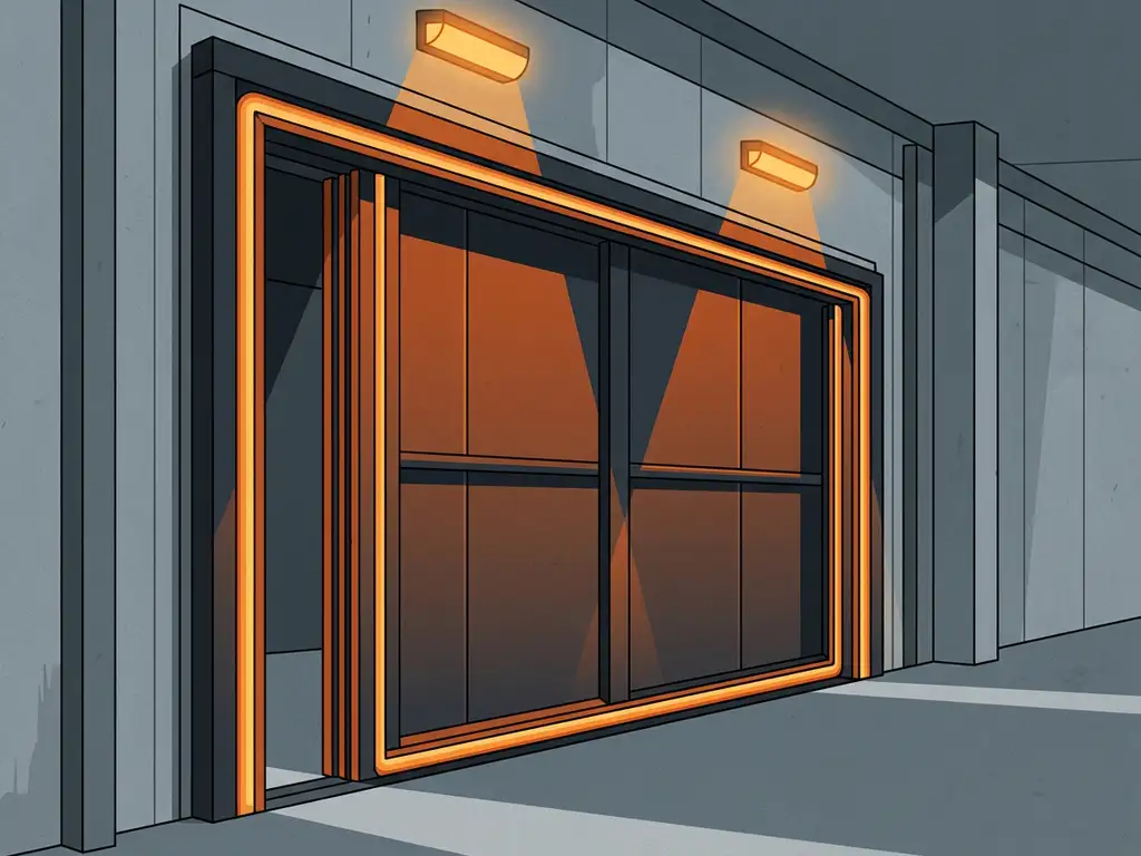 Brandwerende snelsluitdeur in sluiting in industriële magazijngang met zichtbare intumescerende afdichtingen en oranje noodverlichting.