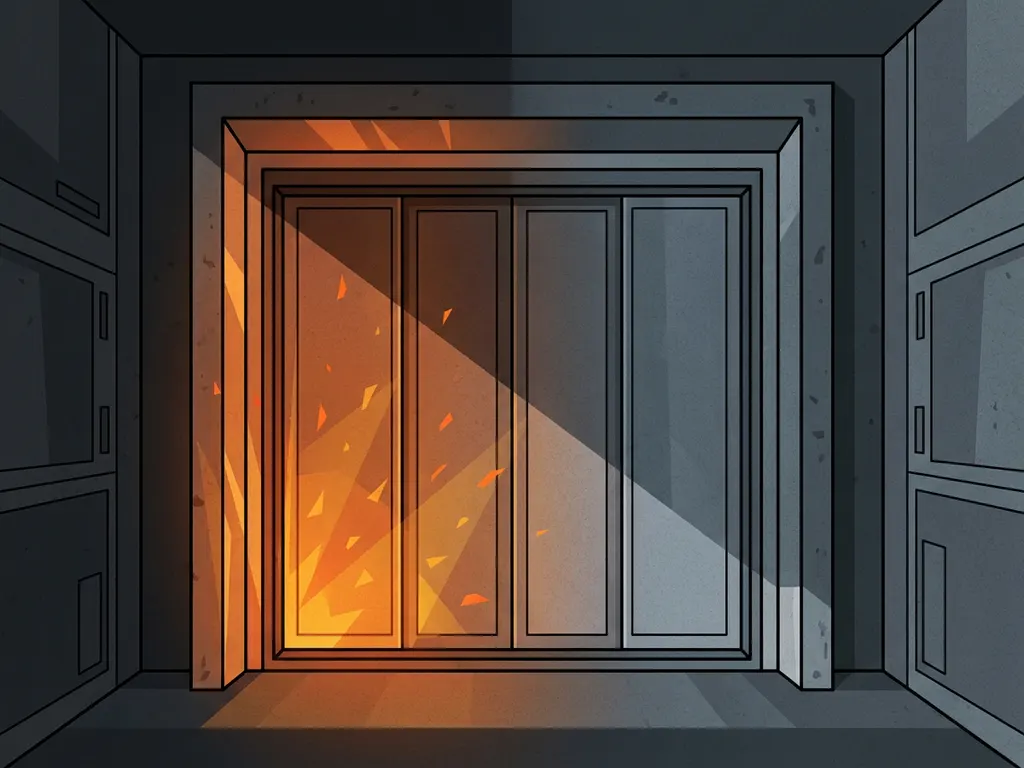 Zware industriële branddeur in betonnen gang, half verlicht door oranje stralingswarmte, half koel grijs, met scherpe schaduwlijn.