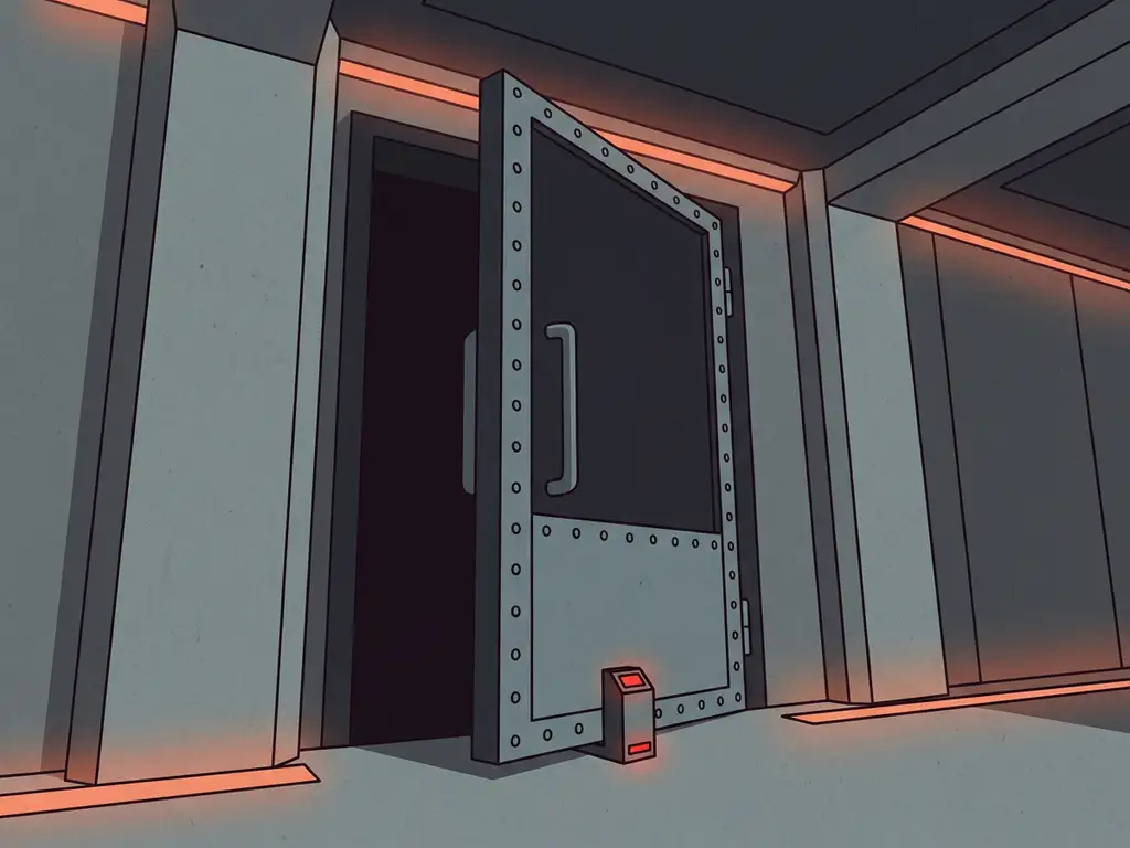 Zware industriële branddeur opengehouden door een magnetische deurvastzetter op betonnen vloer in een gang met noodverlichting.