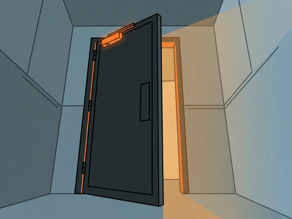 Zware industriële branddeur die automatisch sluit in een betonnen gang, met oranje noodverlichting die door de kier schijnt.