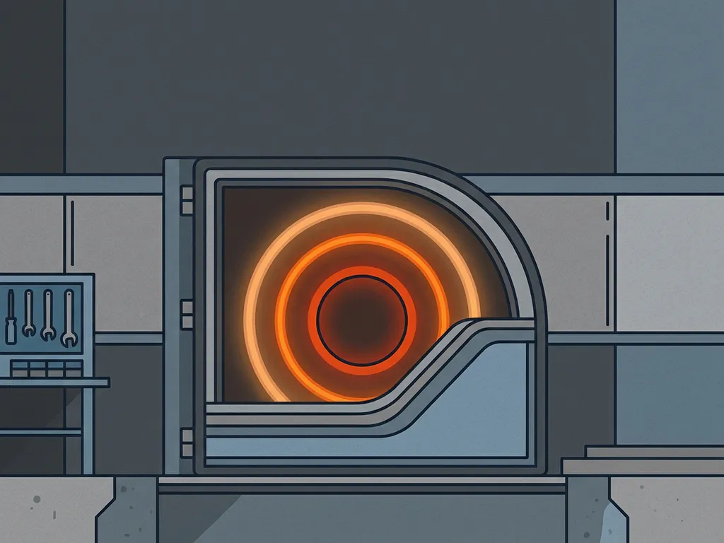 Doorsnede van een industriële branddeur met drie gloeiende amber ringen die hittebestendigheid tonen, vlakke vectorillustratie.