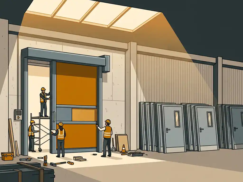 Grote industriële brandwerende deur op maat tijdens installatie in fabrieksgang, naast gestapelde standaarddeuren tegen magazijnmuur.