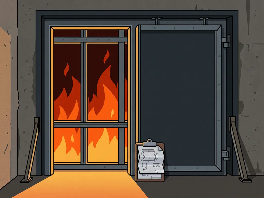 Brandwerende stalen deur in betonnen gang tijdens installatie, met oranje vlammen zichtbaar door het versterkte frame en technisch klembord aan de basis.