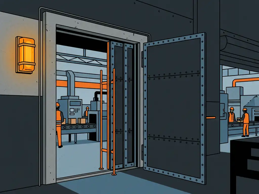 Zware industriële branddeur tijdens installatie in productiehal, met oranje waarschuwingslamp en zicht op de fabrieksvloer.
