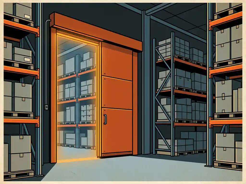 Zware brandwerende schuifdeur in industrieel magazijn met stalen stellingen vol gepalletiseerde goederen, warm oranje gloed langs de randen.