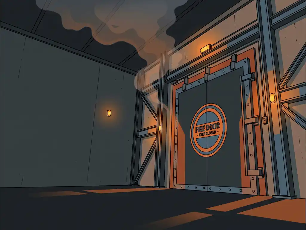 Brandwerende industriële schuifdeur in een magazijn met oranje noodverlichting, rookwaas bij het plafond en stalen draagbalken.