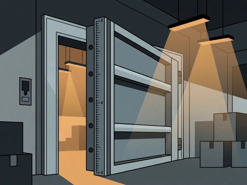 Geopende brandwerende industriële stalen deur in een groot magazijn met grijze tinten en warm amberkleurig licht.