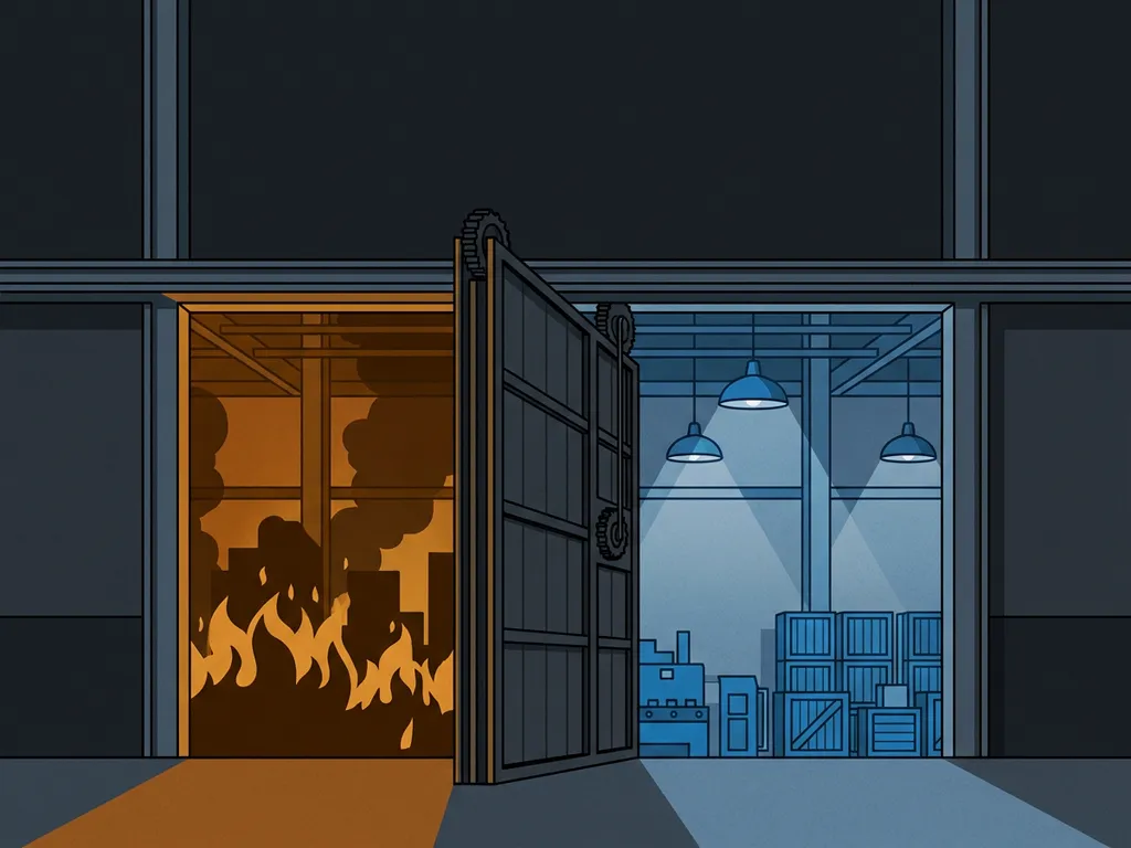 Massieve industriële branddeur openstaat in magazijn, warme ambergloed aan één kant en koel staalblauw aan de andere zijde.