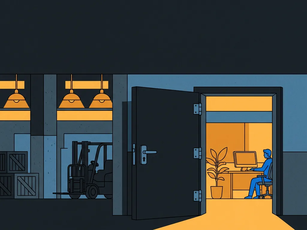 Zware industriële branddeur op een kier tussen ruwe betonnen magazijnvloer en afgewerkte kantoorruimte, vectorillustratie in houtskool, amber en staalblauw.