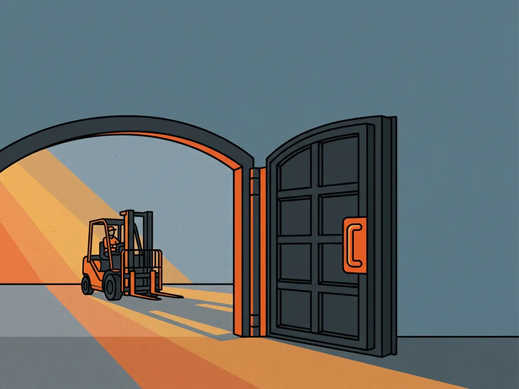 Industriële stalen brandwerende deur bij brede magazijnopening met naderende heftruck op de achtergrond.
