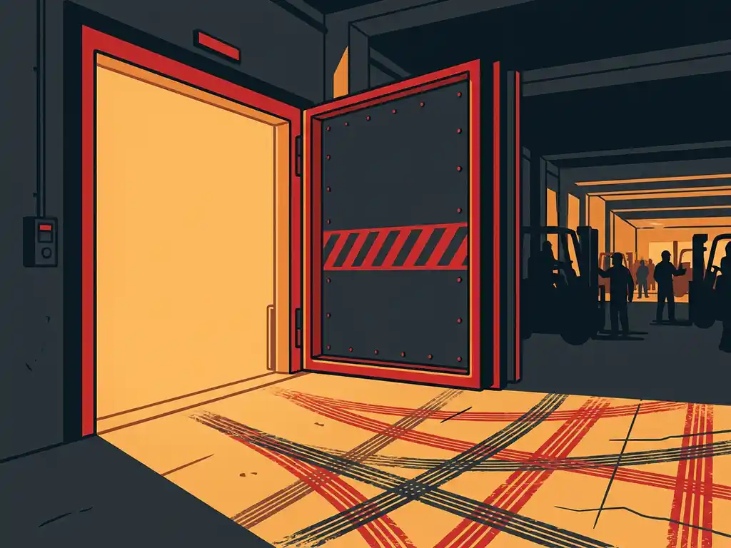 Zware industriële brandwerende deur openstaaand in betonnen corridor met vorkheftrucksporen op de vloer en warm amberkleurig licht.