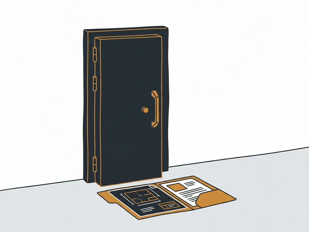 Zware stalen branddeur in een werkplaats, met technische tekening en specificatiedocument aan de voet.